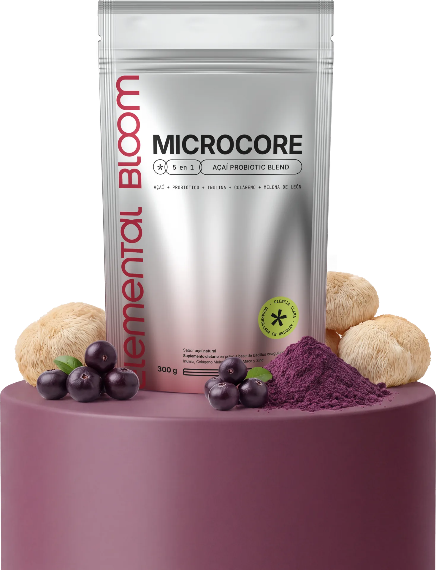 Pouch de MICROCORE sobre pedestal con açaí, melena de león y polvo de açaí